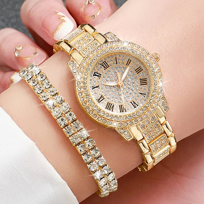 6PCS Luxury Rhinestone Women Quartz Watch Jewelry Set Elegant Ladies Wristwatch Accessories Gift Relogio Feminino（Without Box））