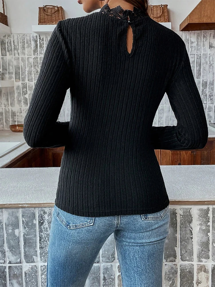 Women's Slim Fit High Neck Knitwear Spring Summer Fashion Chic Black Lace Patchwork Long Sleeve Thin Outerwear